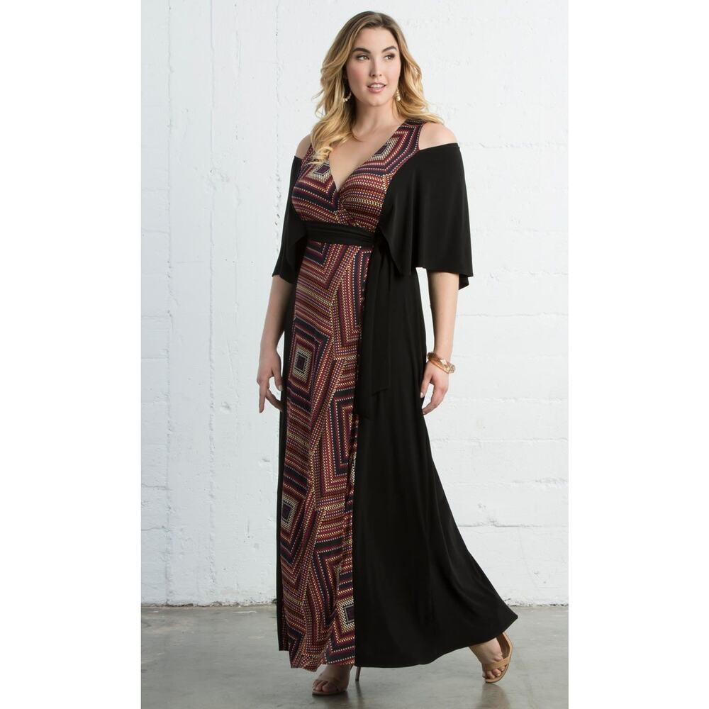 Kiyonna Maxi Dress 1X Cold Shoulder Wrap Serene Style Boho Flutter Sleeves